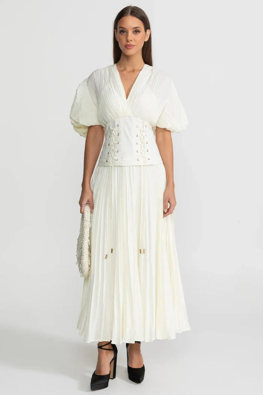 Pleated Maxi Dress with Corset Waist Detail - Ivoire