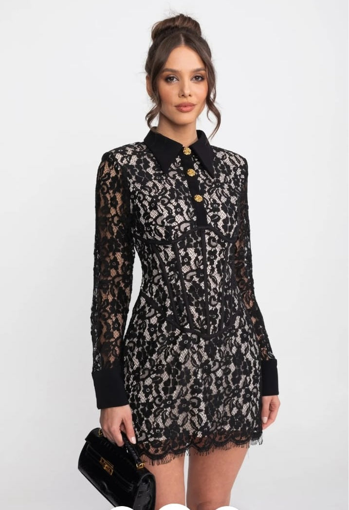 Long Sleeved Lace Mini Dress With Scallop Hem - Black