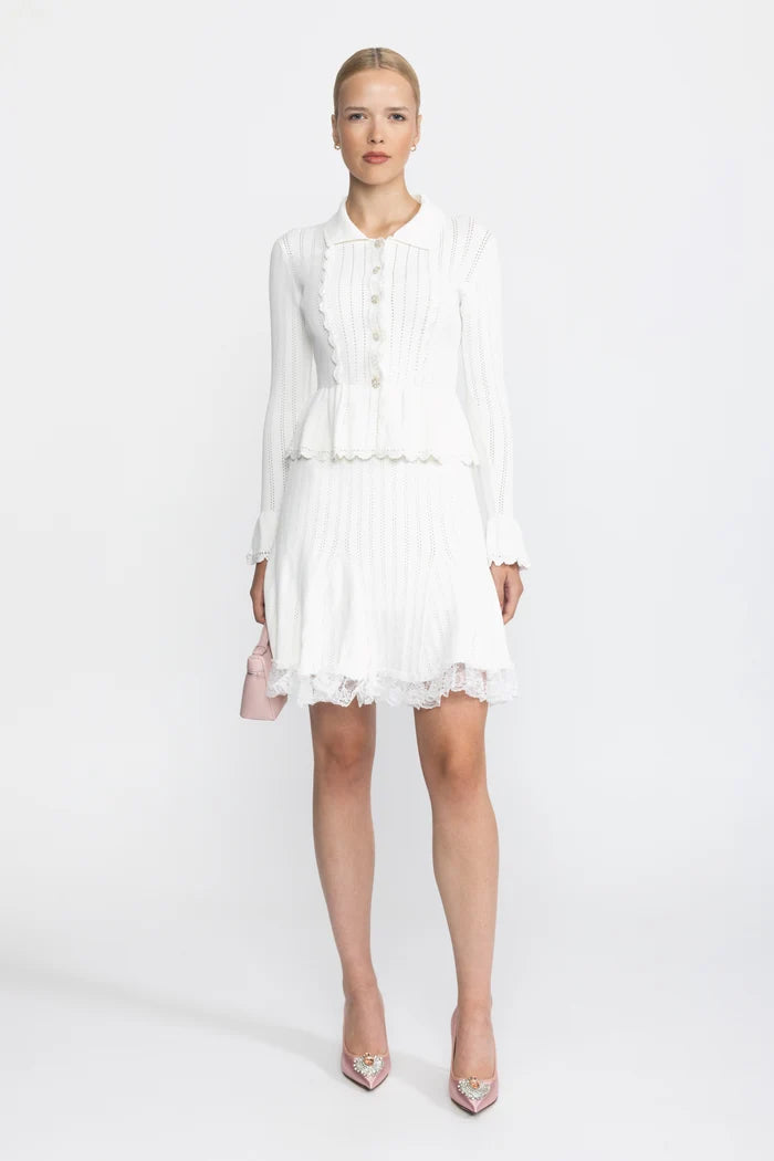 Pointelle Knit Peplum Cardigan and Lace Hem Skirt Co-ord Set - White