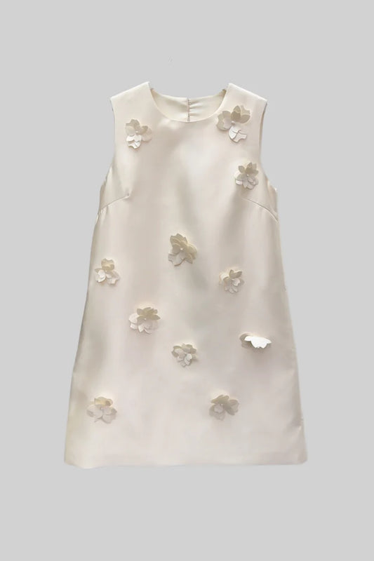Sleeveless Mini Dress with 3D Floral Appliqués - Ivoire