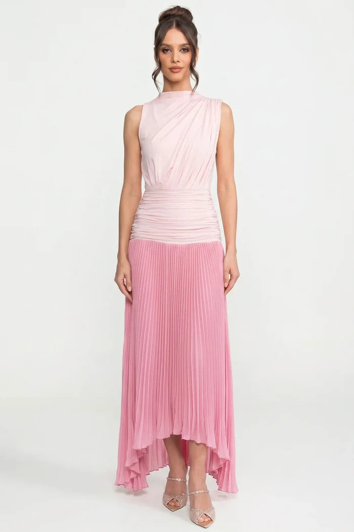 Halter Neck Pleated Maxi Dress With Gathered Waist Detail - Pink