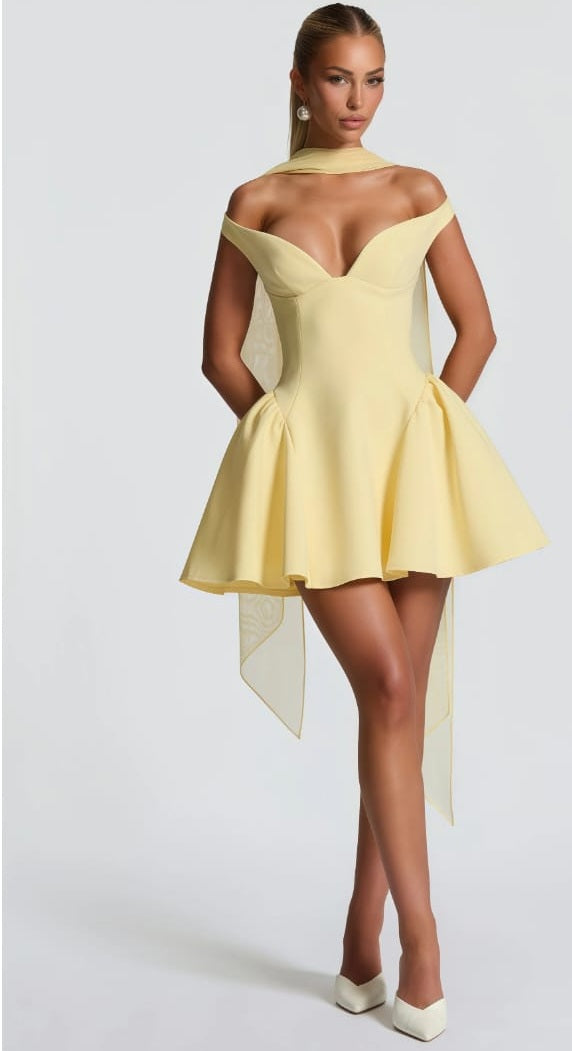Ifig Yellow V-neck Corset Mini Dress
