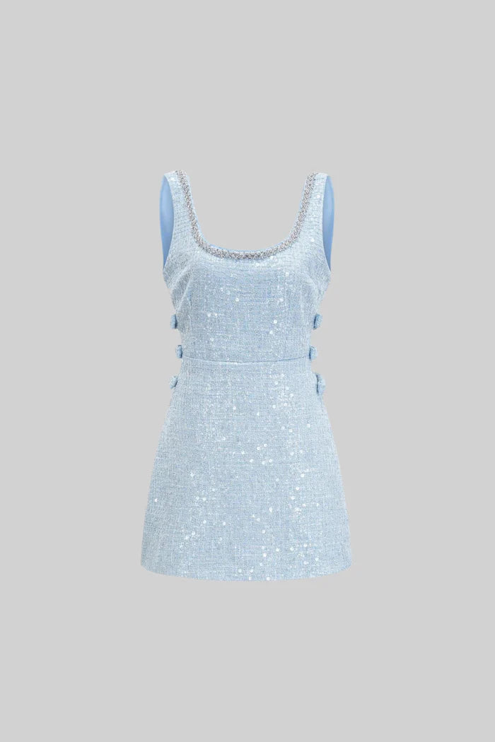 Sleeveless Mini Ribbons Dress with Jewelry - Light Blue