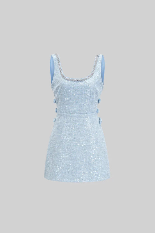 Sleeveless Mini Ribbons Dress with Jewelry - Light Blue