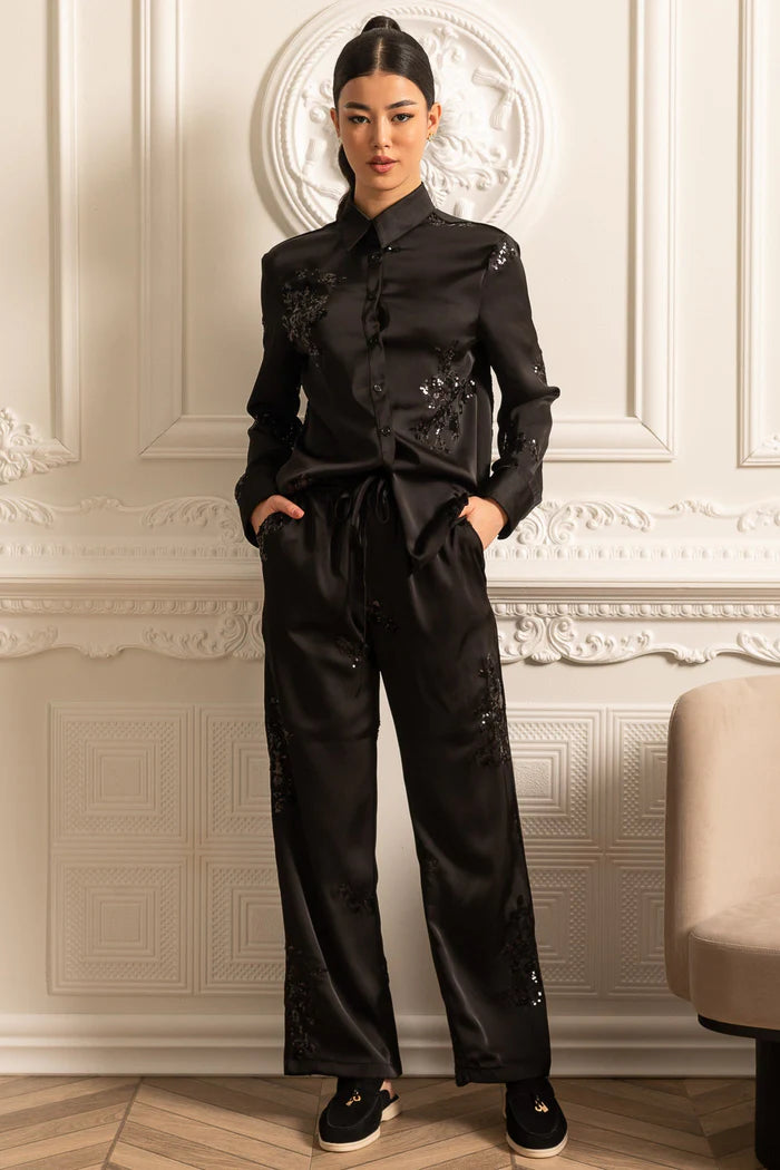 Sequin Embellished Satin Set With Long Sleeved Shirt And Coordinated Pants - Black