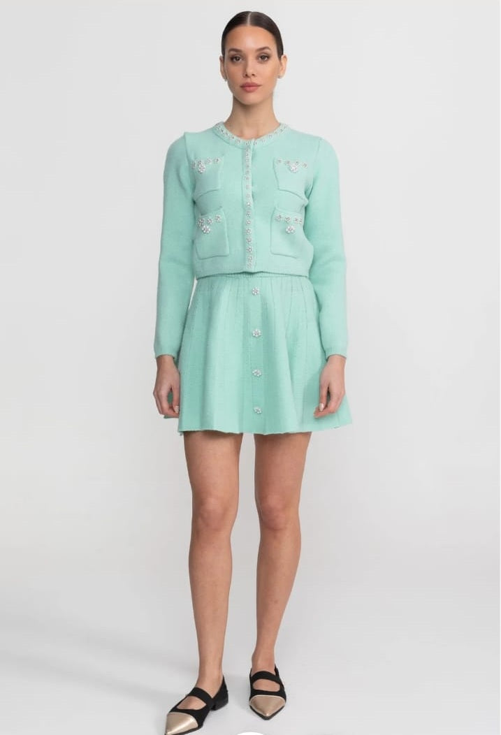 Knit Co-Ord Set With Long Sleeve Cardigan And Matching Mini Skirt -Blue