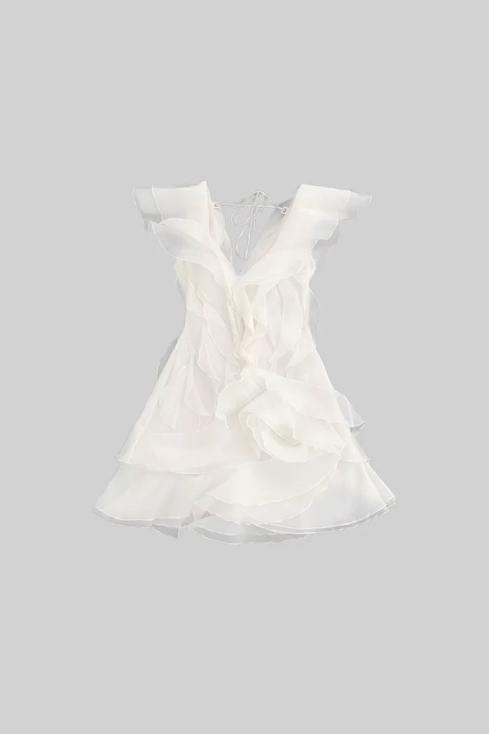 Layered Sheer Mini Dress With Ruffled Design - White