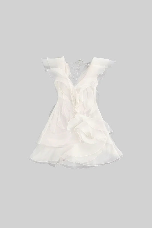 Layered Sheer Mini Dress With Ruffled Design - White