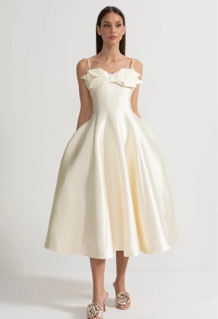 Midi Satin Dress With Fitted Bodice, Delicate Thin Straps And Bow Accent - Ivoire