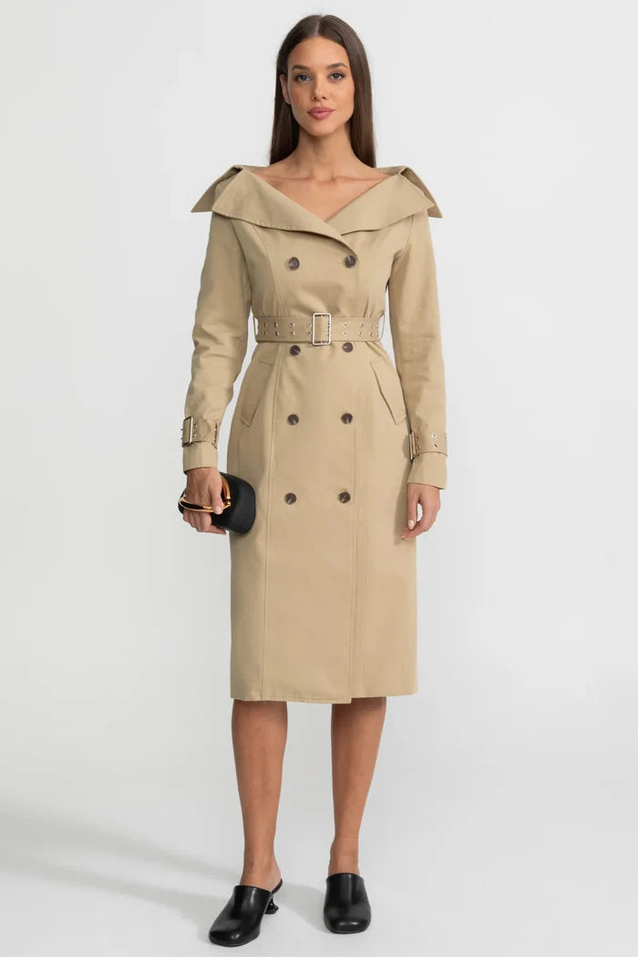 Off-Shoulder Double-Breasted Trench Coat With Belted Waist – Brown