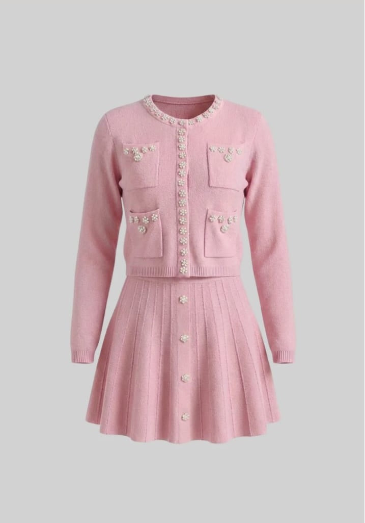 Knit Co-Ord Set With Long Sleeve Cardigan And Matching Mini Skirt - Blush Pink