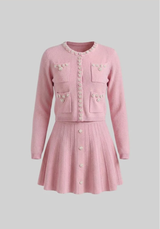Knit Co-Ord Set With Long Sleeve Cardigan And Matching Mini Skirt - Blush Pink