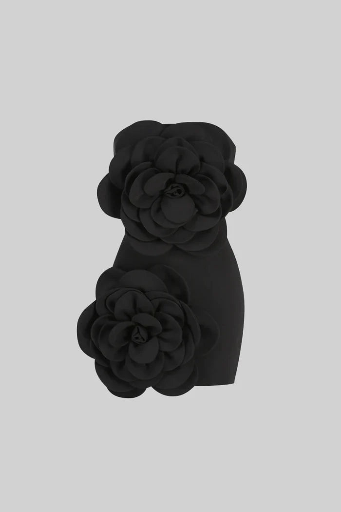 Voluminöses Blumendesign Mini -Kleid - schwarz
