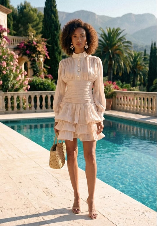 Long Sleeve Draped Mini Dress with Layered Ruffle Skirt - Champagne