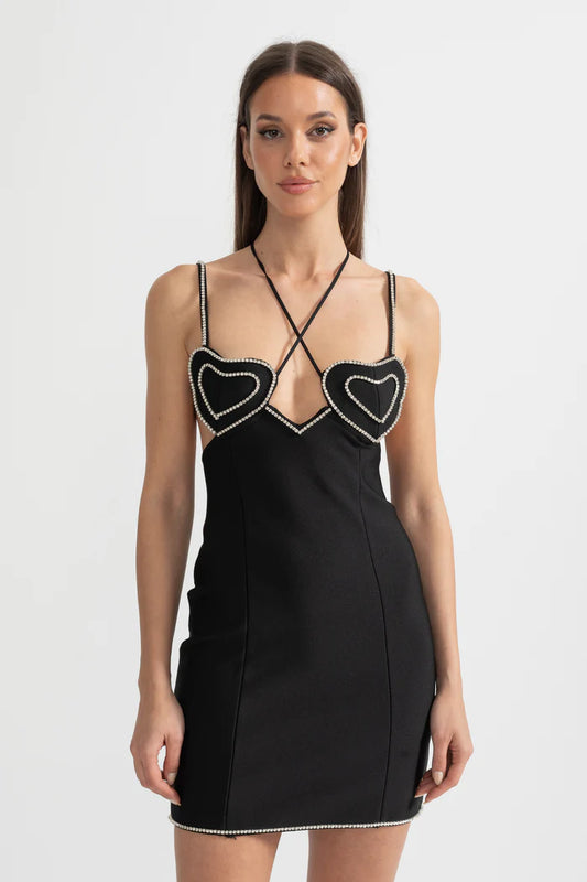 Mini Dress With Delicate Thin Straps And Crystal Heart Bodice Detailing - Black