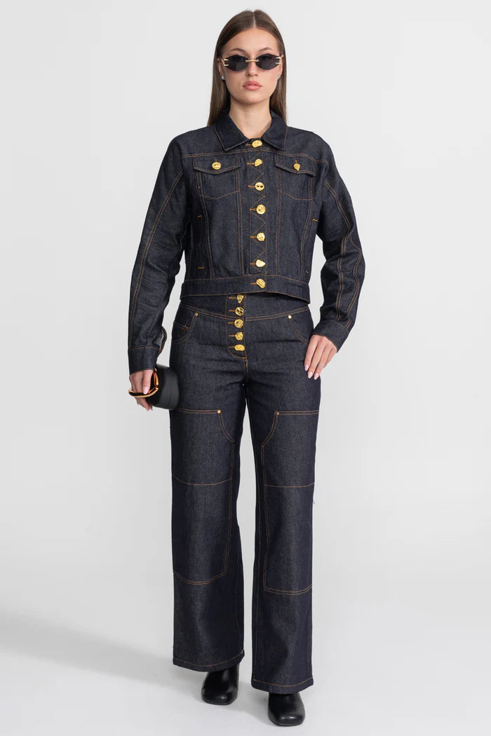 Gold Button Denim Co-ord Set – Indigo