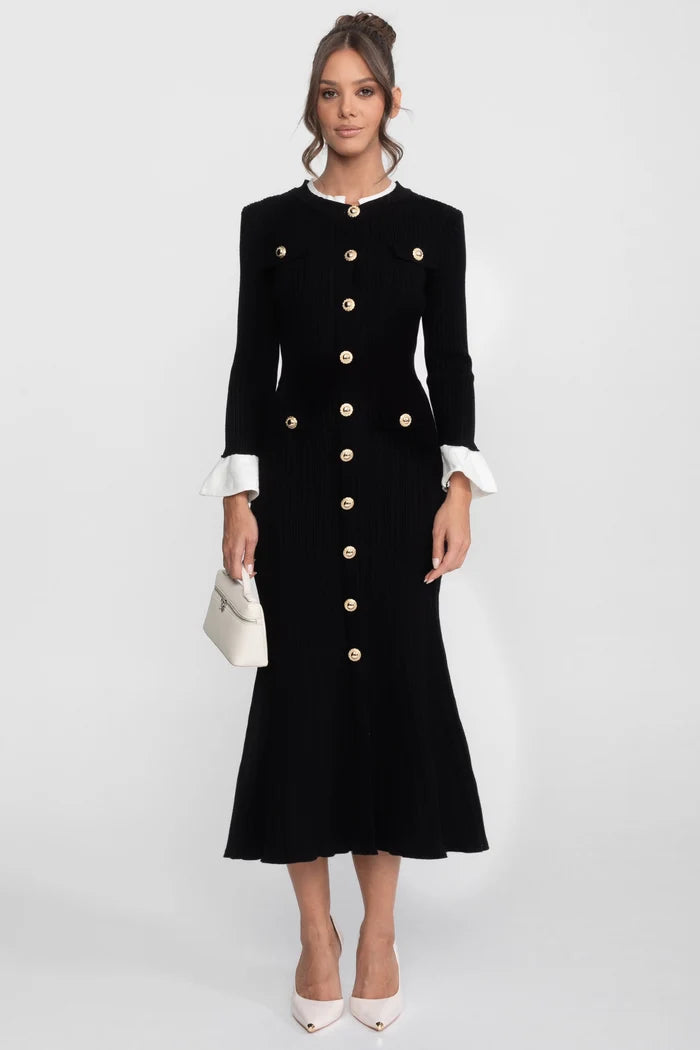 Ribbed Knit Midi Dress With White Cuffs And Collar - Black