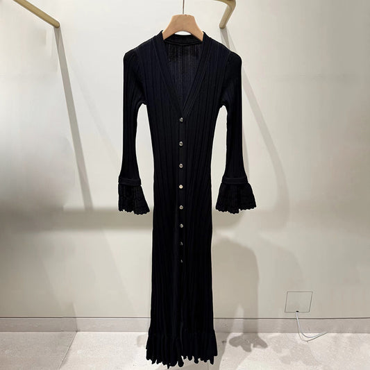 Sleeves V Neck Ribbed Slim Knitted Long Dress