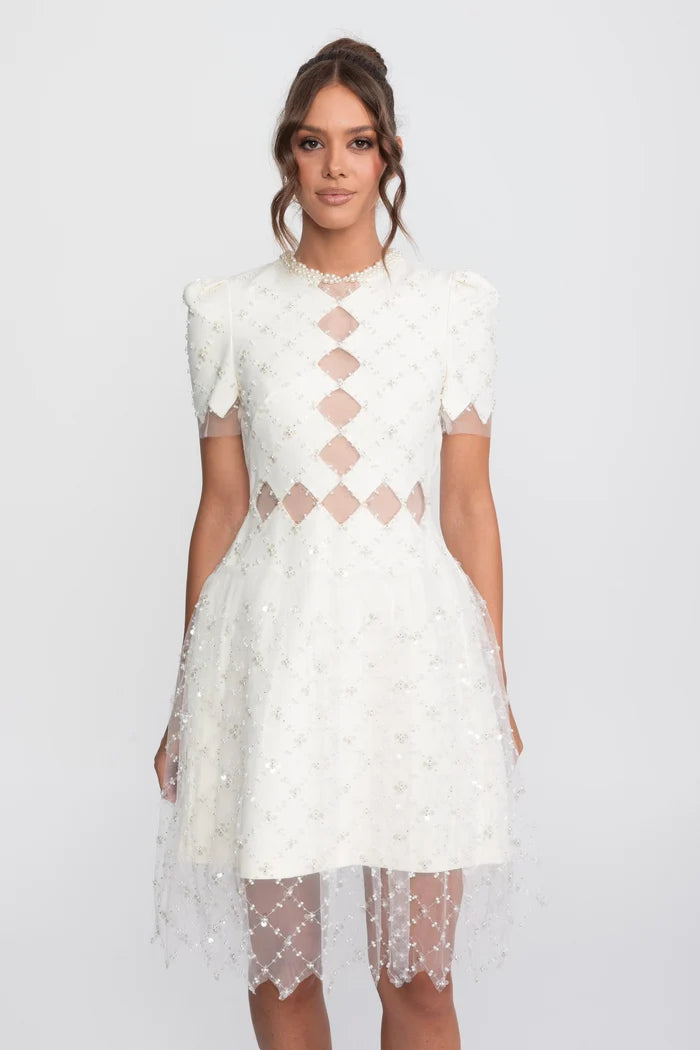 Diamond Cut-Out Beaded Dress With Pearl Trim - White