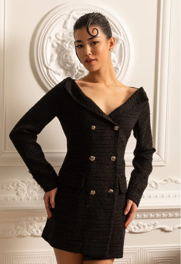 Double-Breasted Textured Dress With Decorative Gold Buttons - Black