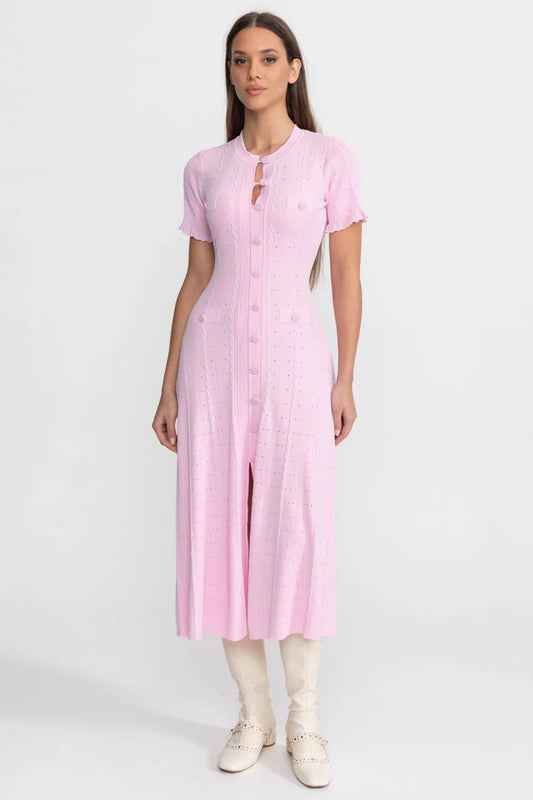 Knit Button-Front Midi Dress with Scalloped Sleeves – Pink