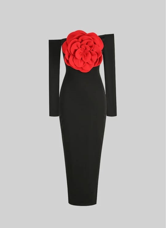 Off Shoulder Midi Dress with Floral Detail - Black