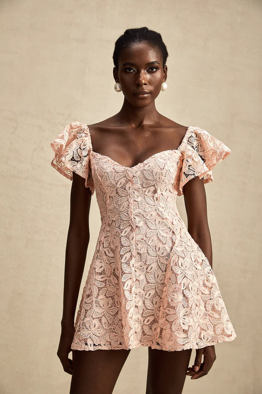 Esmée flutter-sleeve lace mini dress in Pink