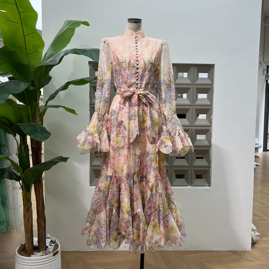 Flower Bud Large Hem Lace-Up Dress