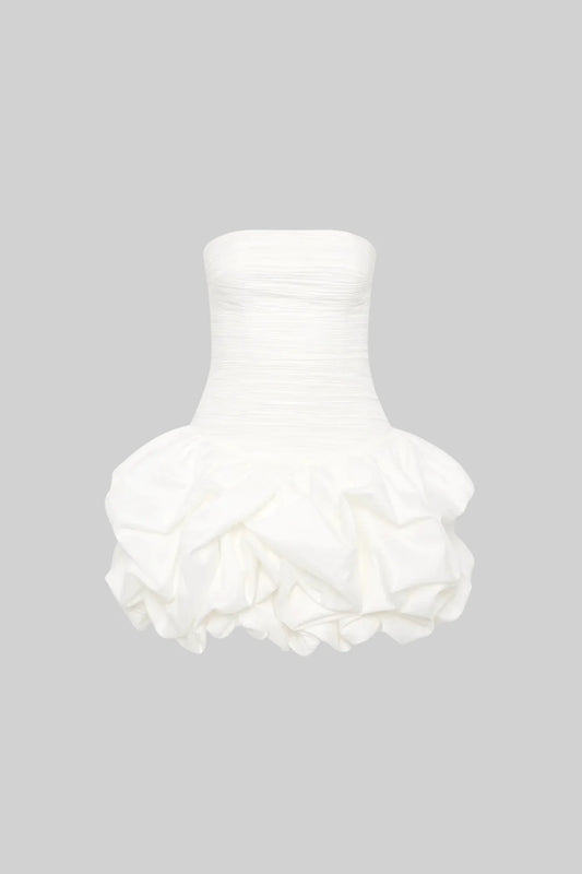 Mini Dress With Ruched Bodice And Voluminous Bubble Hem - White