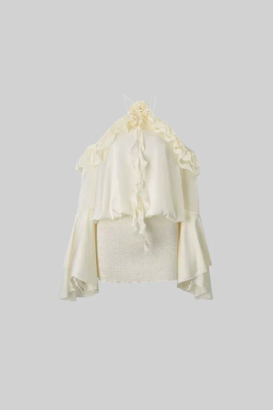 Elegant Dress With Ruffled Layers And Flared Sleeves - Ivoire