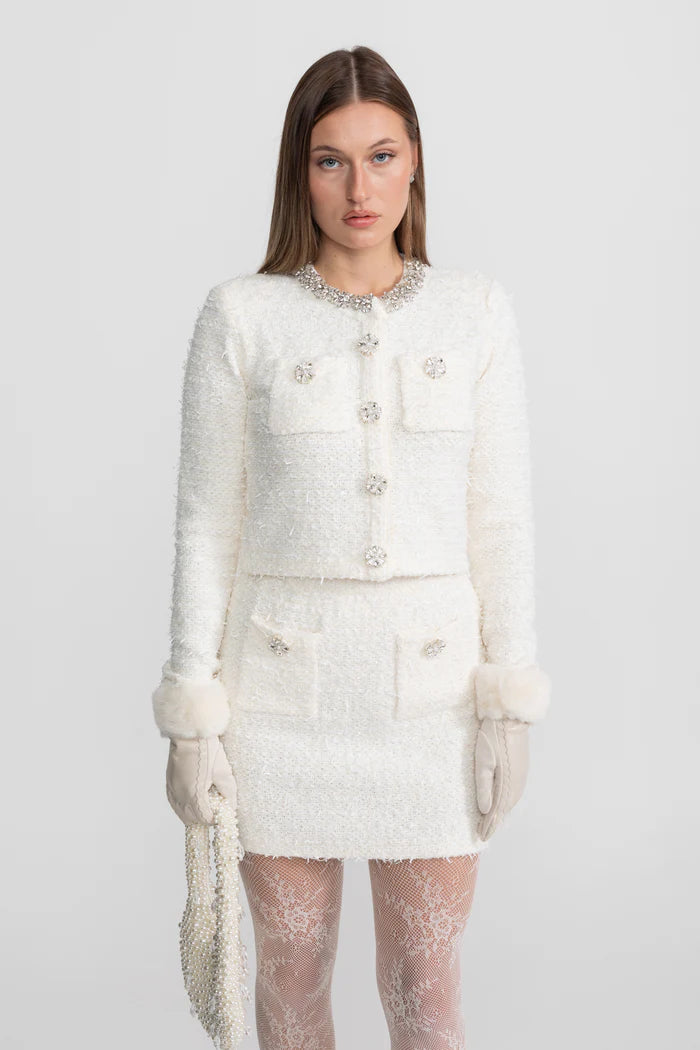 Tweed Blazer With Crystal Embellishments And Buttons - Ivoire