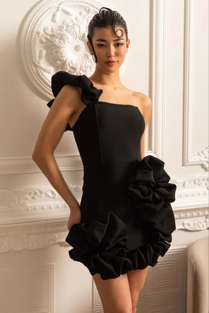 Floral Mini Dress With Ruffled Hem And Shoulder Strap - Black