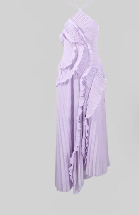 Pleated Halter Midi Dress With Cascading Ruffle Details - Lavender