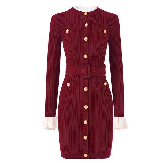 Cross-border hip flared sleeve knitted dress