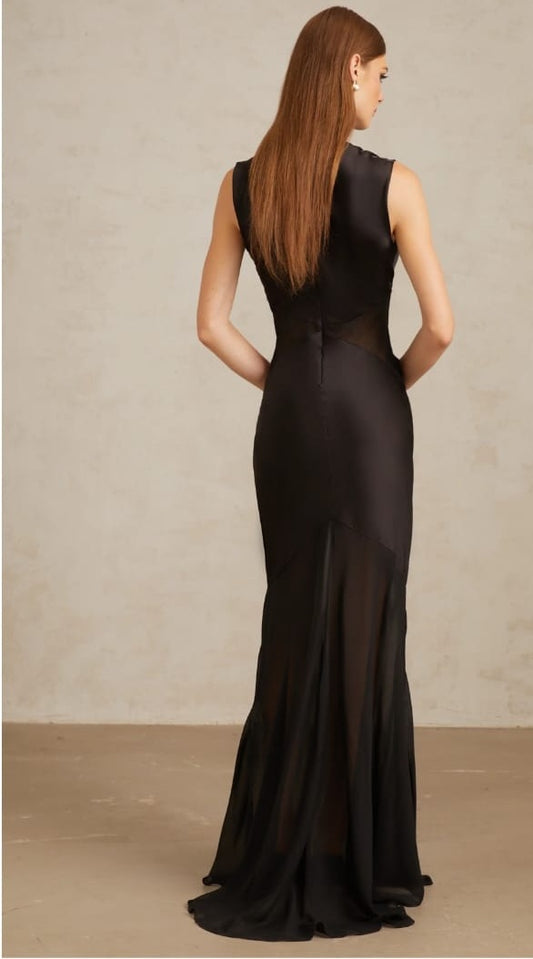 Siiri Black Tulle Panel Satin Maxi Gown