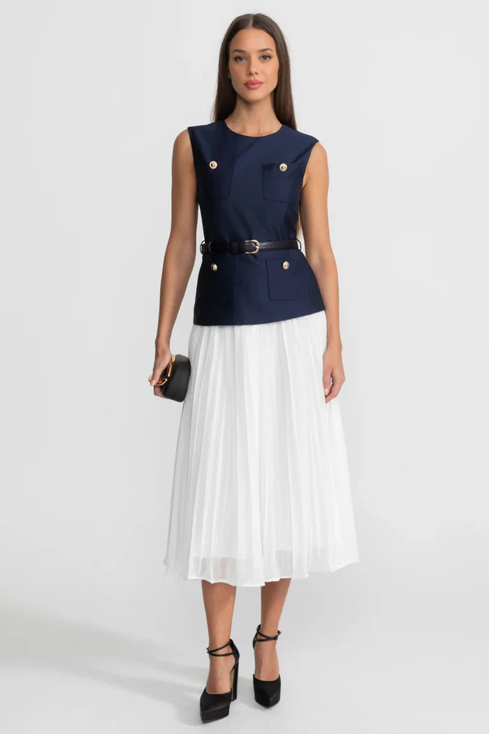 Sleeveless Midi Dress with Belted Waist and Contrast Skirt - Navy