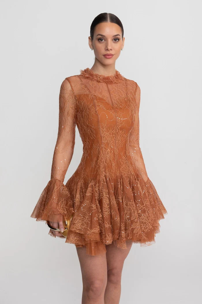 Sheer Lace Long Sleeve Mini Dress With Ruffled Hem - Rust