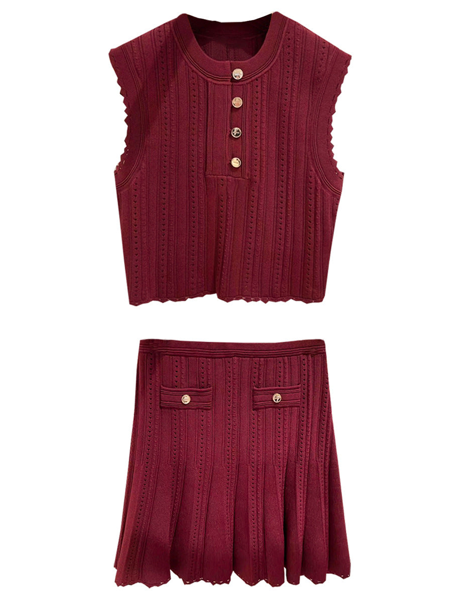 Sleeveless knitted vest + pleated skirt short round neck set