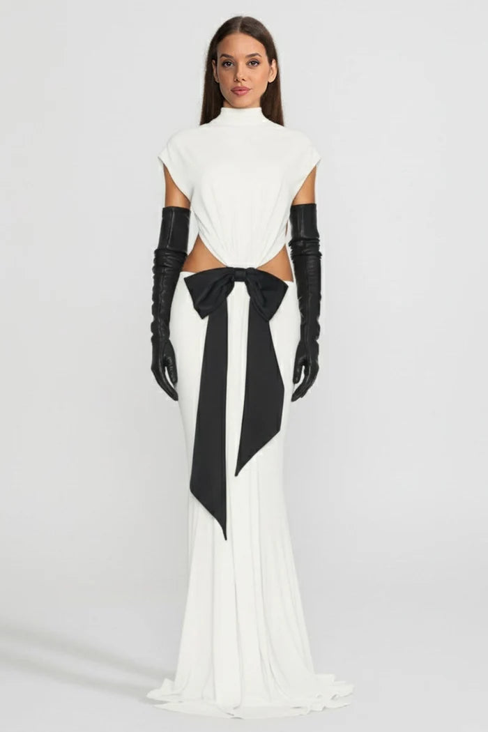 Open Back Draped Gown With Contrasting Bow Detail – White