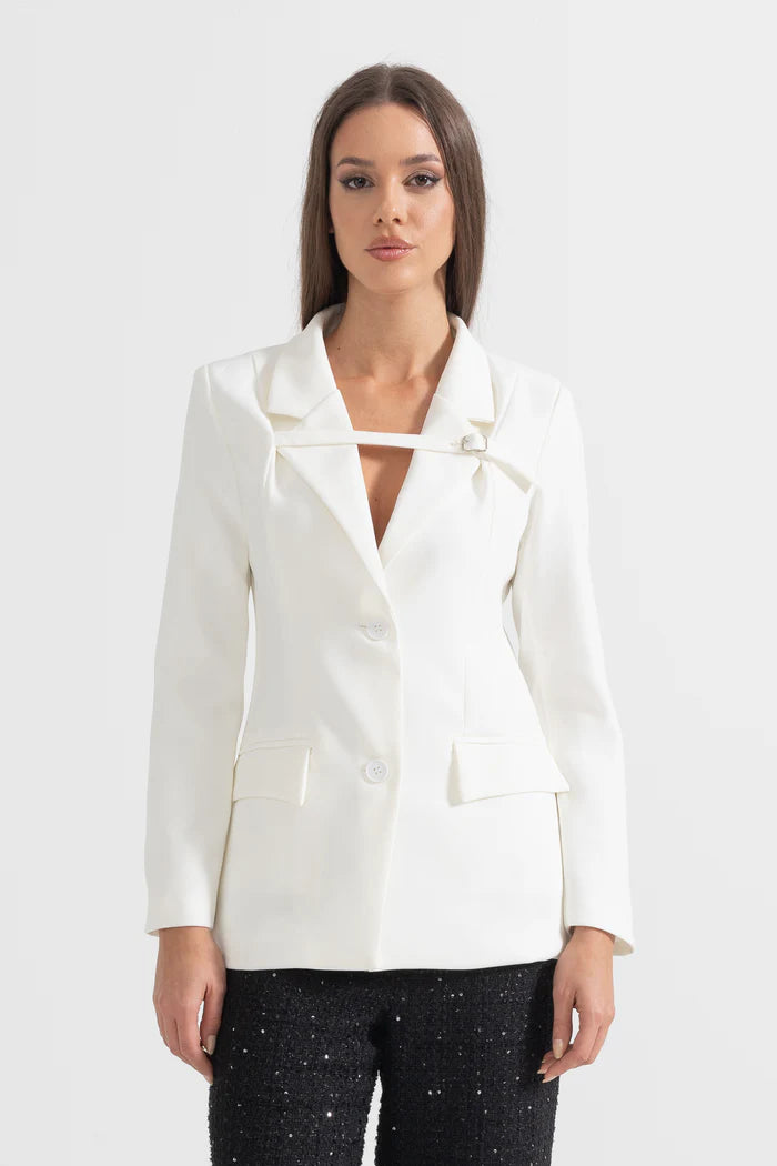 Tailored Blazer With Chest-Crossing Strap - White