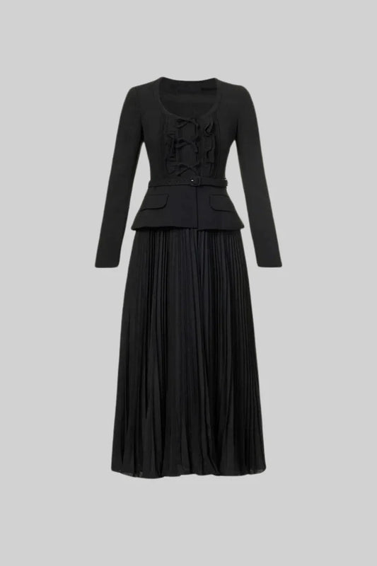 Long Sleeved Dress With Fitted Bodice And Maxi Pleated Skirt - Black