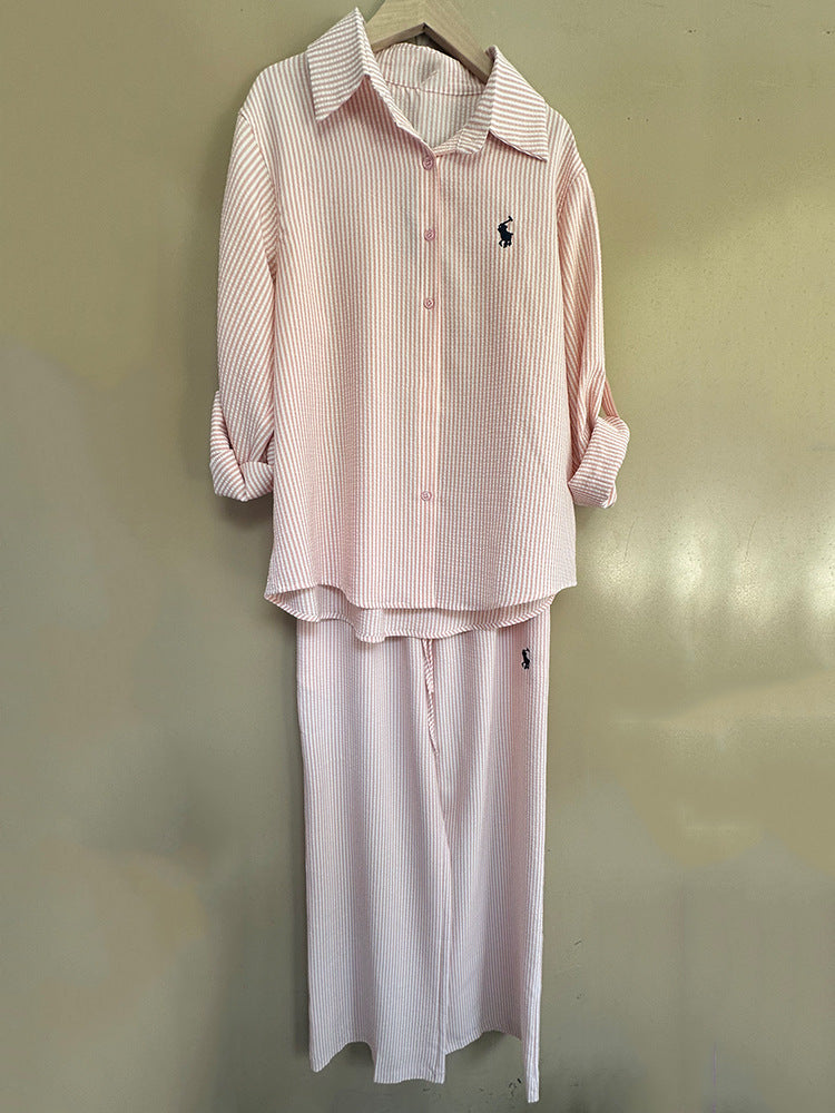 Ensemble de correspondance de chemises lâches en coton et en lin à rayures à rayures pour femmes