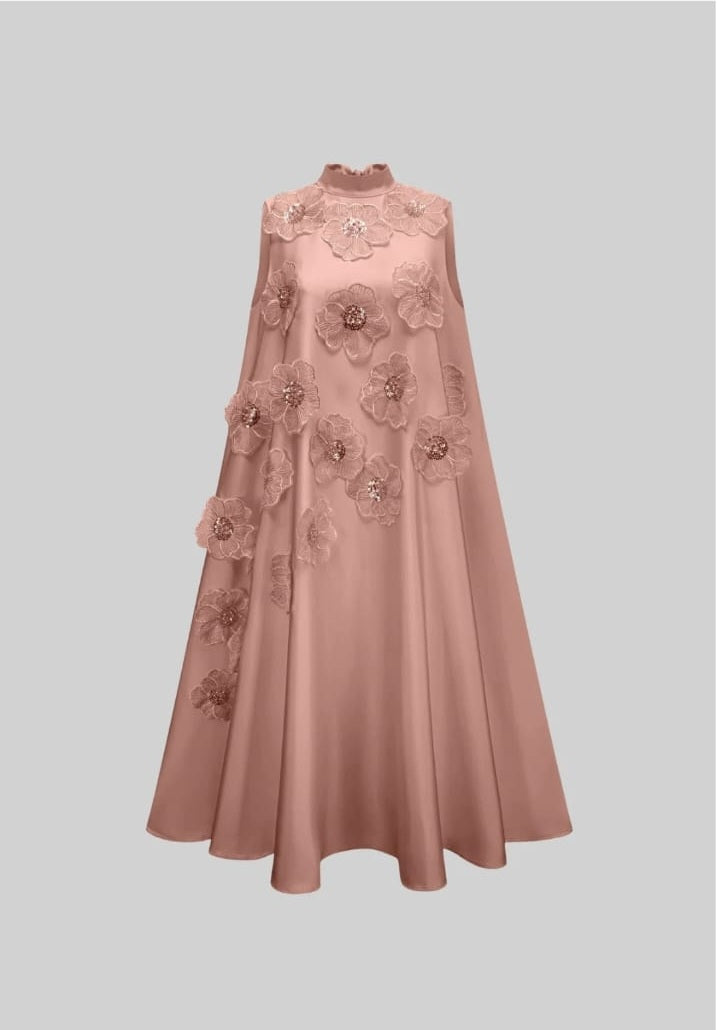 Sleeveless Floral A-Line Dress With High Collar And Textured Embellishments - Pink