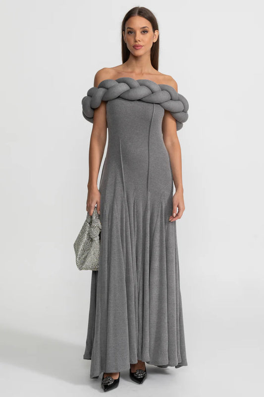 Off-Shoulder Braided Neckline Maxi Dress – Grey