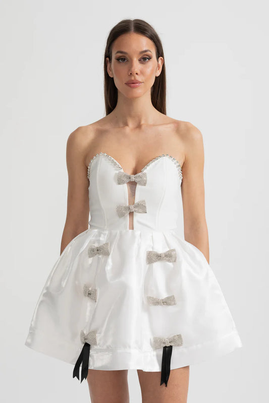 Strapless Mini Dress with Crystal Bow Embellishments - White