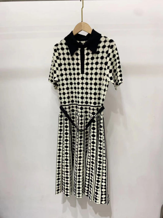 Polka Dot Jacquard Belt Pleated Dress Women