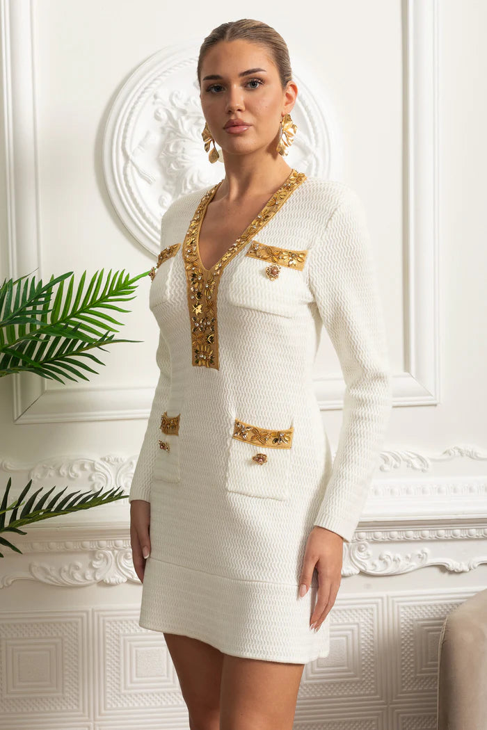 Textured Mini Dress With Long Sleeves And Gold Detailing - White