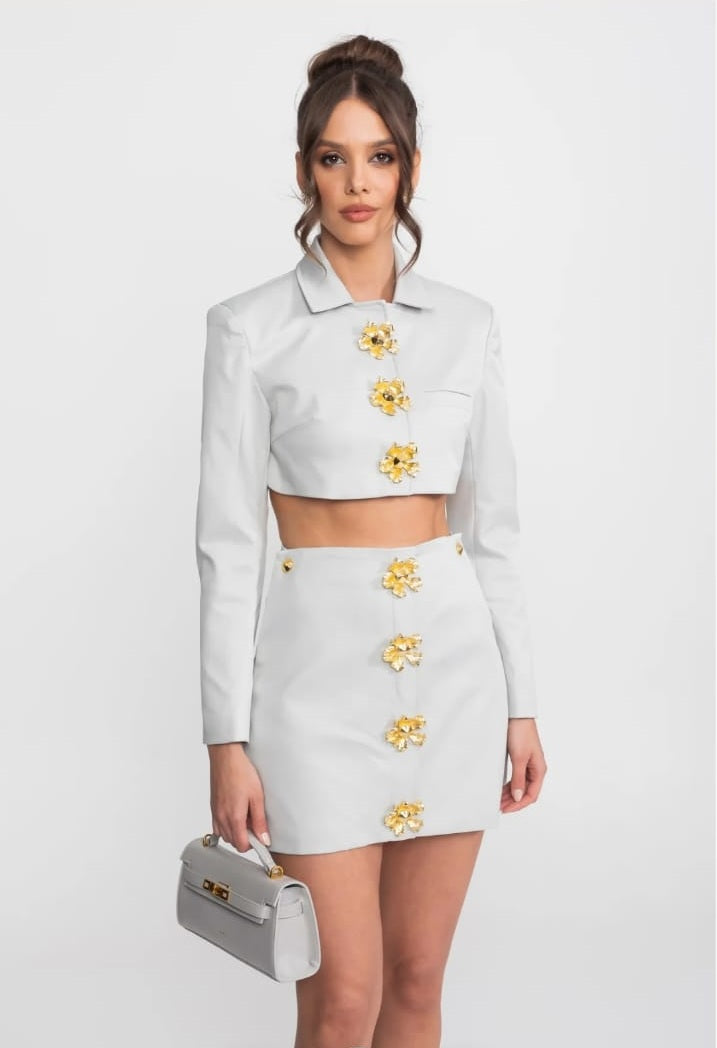Cropped Jacket And Mini Skirt Co-Ord Set With 3D Floral Buttons - Light Gray