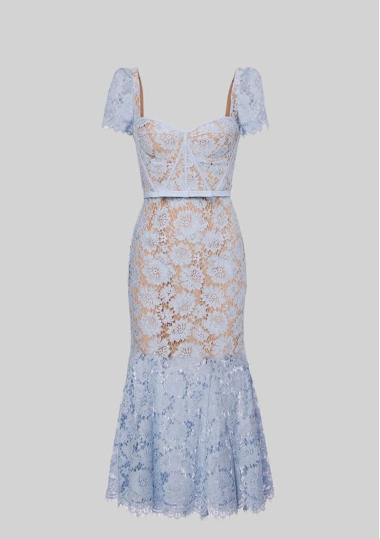 Short Sleeved Lace Dress With Delicate Matching Waist Belt - Blue