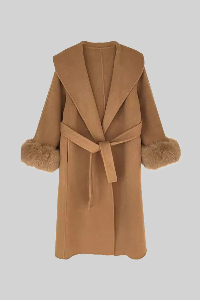 Luxurious Cashmere Long Coat With Fox Fur Cuffs - Brown
